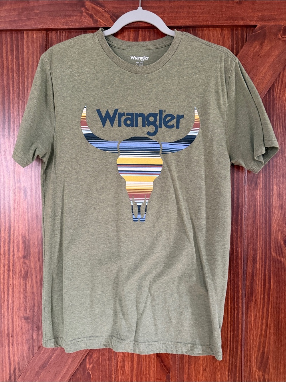 Wrangler Olive Green Short-Sleeve Tee with Striped Longhorn Graphic